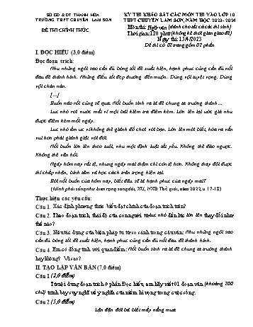 Đề khảo sát các môn thi vào Lớp 10 THPT môn Ngữ văn - Năm học 2023-2024 - Trường THPT chuyên Lam Sơn (Có đáp án)