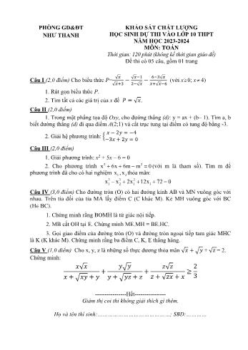 Đề khảo sát chất lượng học sinh dự thi vào Lớp 10 THPT môn Toán - Năm học 2023-2024 - Phòng Giáo dục và Đào tạo Như Anh (Có đáp án)