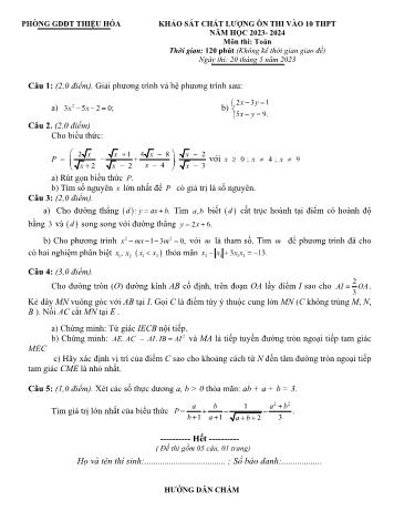 Đề khảo sát chất lượng ôn thi vào Lớp 10 THPT môn Toán - Năm học 2023-2024 - Phòng Giáo dục và Đào tạo Thiệu Hóa (Có đáp án)