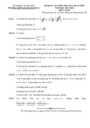 Đề khảo sát chất lượng thi vào Lớp 10 THPT môn Toán - Năm học 2023-2024 - Trường THCS Quảng Xương 4 (Có đáp án)