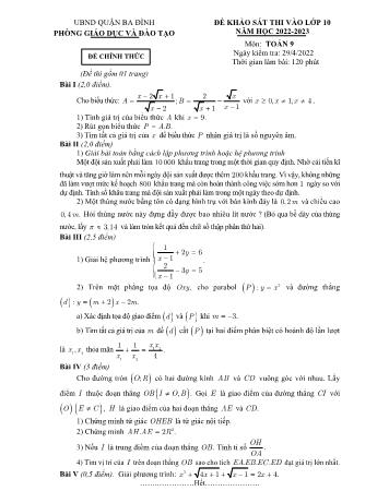 Đề khảo sát thi vào Lớp 10 môn Toán - Năm học 2022-2023 - Phòng GD và ĐT Ba Đình (Có đáp án)