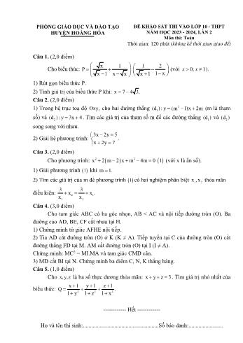 Đề khảo sát thi vào Lớp 10 THPT lần 2 môn Toán - Năm học 2023-2024 - Phòng Giáo dục và Đào tạo Hoằng Hóa (Có đáp án)