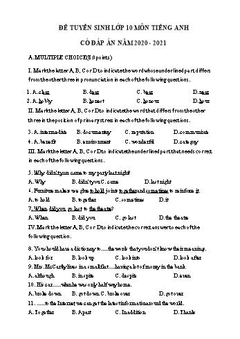 Đề ôn thi vào Lớp 10 THPT môn Tiếng Anh - Đề số 10 - Năm học 2020-2021 - Sở GD và ĐT Hà Nội (Có đáp án)