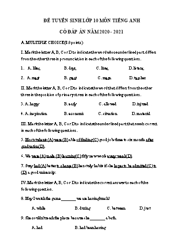 Đề ôn thi vào Lớp 10 THPT môn Tiếng Anh năm 2021 - Đề số 10 (Có đáp án)