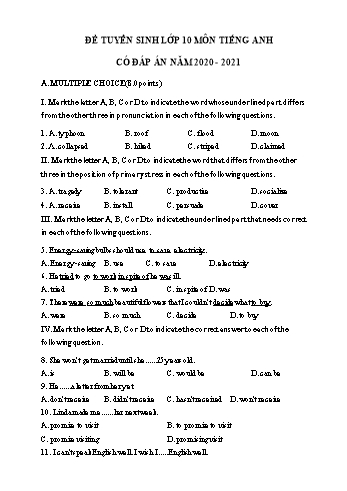Đề ôn thi vào Lớp 10 THPT môn Tiếng Anh năm 2021 - Đề số 11 (Có đáp án)