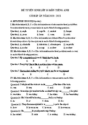 Đề ôn thi vào Lớp 10 THPT môn Tiếng Anh năm 2021 - Đề số 2 (Có đáp án)