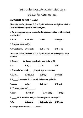 Đề ôn thi vào Lớp 10 THPT môn Tiếng Anh năm 2021 - Đề số 20 (Có đáp án)