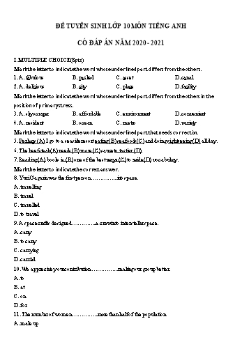 Đề ôn thi vào Lớp 10 THPT môn Tiếng Anh năm 2021 - Đề số 21 (Có đáp án)