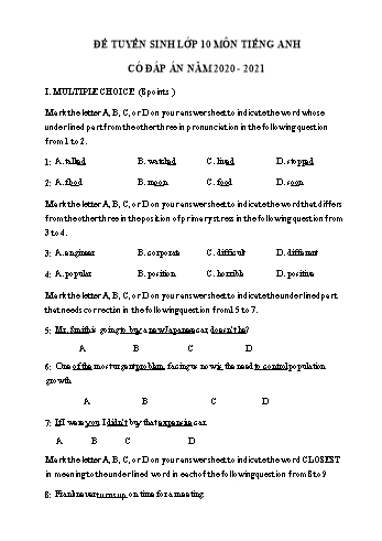 Đề ôn thi vào Lớp 10 THPT môn Tiếng Anh năm 2021 - Đề số 5 (Có đáp án)