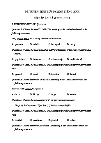 Đề ôn thi vào Lớp 10 THPT môn Tiếng Anh năm 2021 - Đề số 6 (Có đáp án)