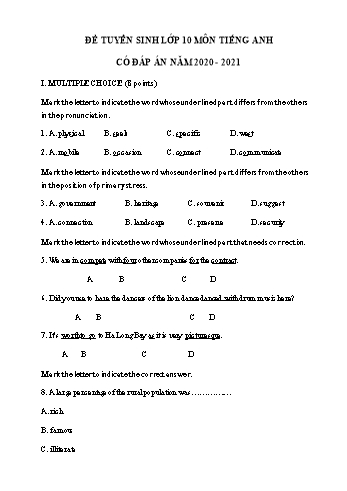 Đề ôn thi vào Lớp 10 THPT môn Tiếng Anh năm 2021 - Đề số 8 (Có đáp án)