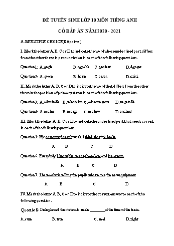 Đề ôn thi vào Lớp 10 THPT môn Tiếng Anh năm 2021 - Đề số 9 (Có đáp án)