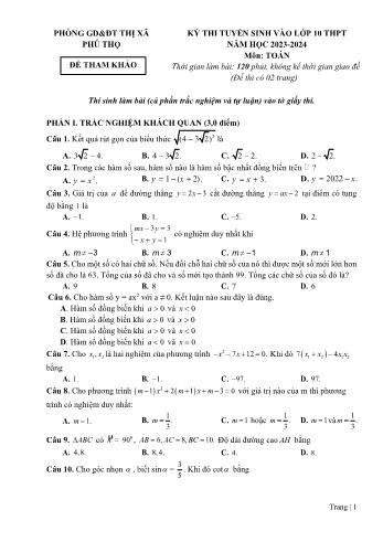 Đề tham khảo thi tuyển sinh vào Lớp 10 THPT môn Toán - Năm học 2023-2024 - Phòng Giáo dục và Đào tạo Thị xã Phú Thọ (Có đáp án)