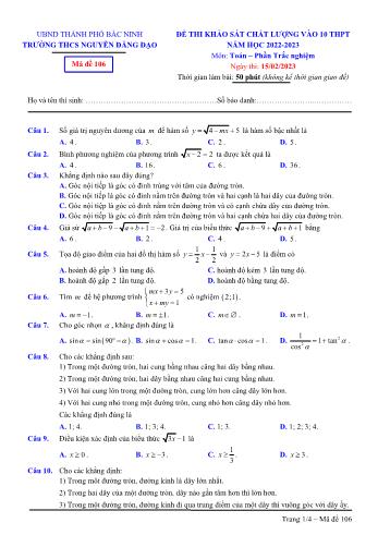 Đề thi khảo sát chất lượng vào Lớp 10 THPT môn Toán - Mã đề 106 - Năm học 2022-2023 - Trường THCS Nguyễn Đăng Đạo