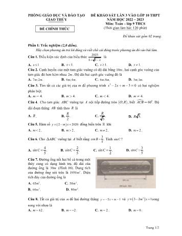Đề thi khảo sát lần 3 vào Lớp 10 THPT môn Toán - Năm học 2022-2023 - Phòng Giáo dục và Đào tạo Giao Thủy (Có đáp án)