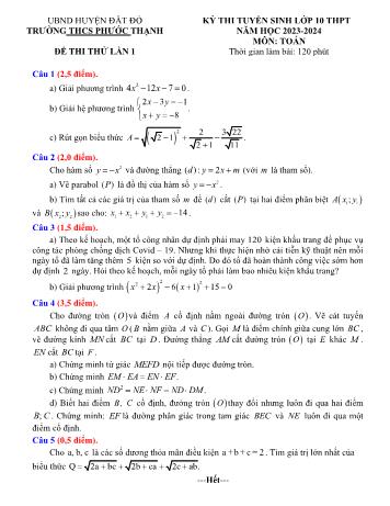Đề thi thử lần 1 vào Lớp 10 THPT môn Toán - Năm học 2023-2024 - Trường THCS Phước Thạnh (Có đáp án)