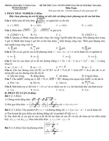 Đề thi thử lần 1 vào Lớp 10 THPT môn Toán - Năm học 2023-2024 - Phòng Giáo dục và Đào tạo Hải Hậu (Có đáp án)
