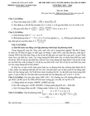 Đề thi thử lần 2 tuyển sinh vào Lớp 10 THPT môn Toán - Năm học 2023-2024 - Phòng Giáo dục và Đào tạo Quỳ Hợp (Có đáp án)