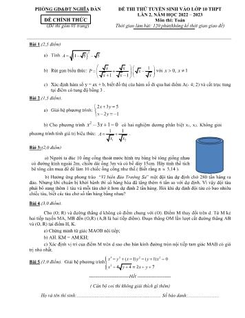Đề thi thử lần 2 tuyển sinh vào Lớp 10 THPT môn Toán - Năm học 2023-2024 - Phòng Giáo dục và Đào tạo Nghĩa Đàn (Có đáp án)