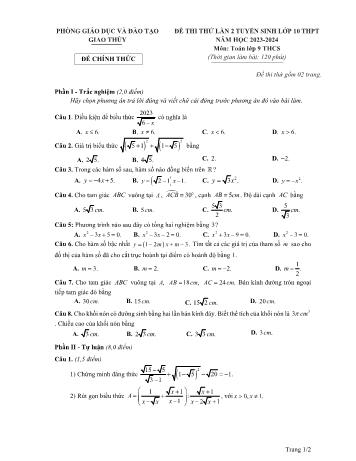 Đề thi thử lần 2 tuyển sinh vào Lớp 10 THPT môn Toán - Năm học 2023-2024 - Phòng Giáo dục và Đào tạo Giao Thủy (Có đáp án)