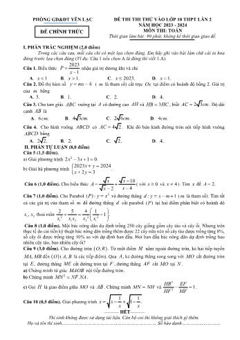 Đề thi thử lần 2 vào Lớp 10 THPT môn Toán - Năm học 2023-2024 - Phòng Giáo dục và Đào tạo Yên Lạc (Có đáp án)