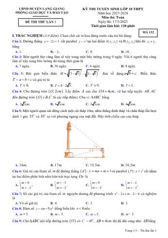 Đề thi thử lần 3 tuyển sinh vào Lớp 10 THPT môn Toán - Mã đề 132 - Năm học 2023-2024 - Phòng Giáo dục và Đào tạo Lạng Giang (Có đáp án)