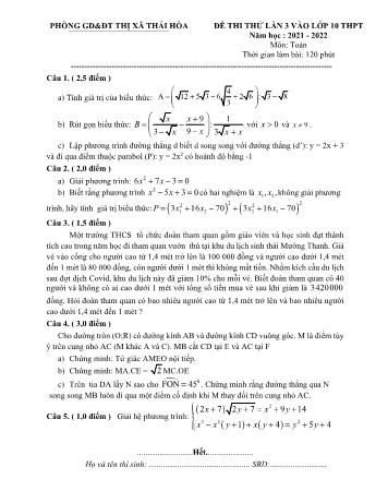 Đề thi thử lần 3 vào Lớp 10 THPT môn Toán - Năm học 2021-2022 - Phòng GD và ĐT Thị xã Thái Hòa (Có đáp án)