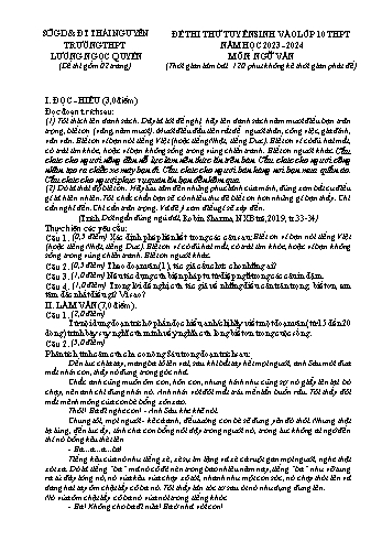 Đề thi thử tuyển sinh Lớp 10 THPT môn Ngữ văn - Năm học 2023-2024 - Trường THPT Lương Ngọc Quyến (Có đáp án)