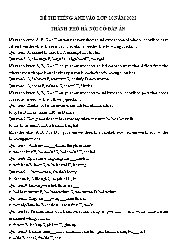 Đề thi thử tuyển sinh Lớp 10 THPT môn Tiếng Anh năm 2022 - Đề số 5 - Sở GD và ĐT Hà Nội (Có đáp án)