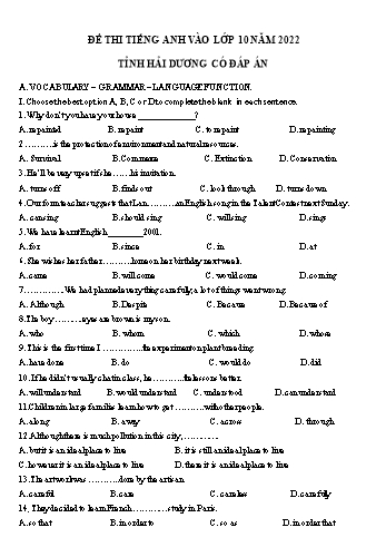 Đề thi thử tuyển sinh Lớp 10 THPT môn Tiếng Anh năm 2022 - Đề số 2 - Sở GD và ĐT Hải Dương (Có đáp án)