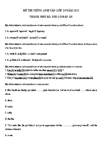 Đề thi thử tuyển sinh Lớp 10 THPT môn Tiếng Anh năm 2022 - Đề số 4 - Sở GD và ĐT Hà Nội (Có đáp án)