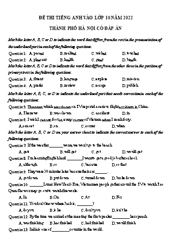 Đề thi thử tuyển sinh Lớp 10 THPT môn Tiếng Anh năm 2022 - Đề số 6 - Sở GD và ĐT Hà Nội