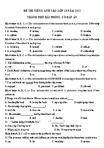 Đề thi thử tuyển sinh Lớp 10 THPT môn Tiếng Anh năm 2022 - Sở GD và ĐT Hải Phòng (Có đáp án)