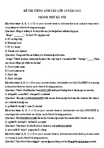 Đề thi thử tuyển sinh Lớp 10 THPT môn Tiếng Anh năm 2023 - Sở GD và ĐT Hà Nội
