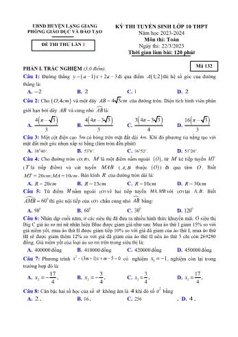 Đề thi thử tuyển sinh vào Lớp 10 THPT lần 1 môn Toán - Mã đề 132 - Năm học 2023-2024 - Phòng GD và ĐT Lạng Giang (Có đáp án)