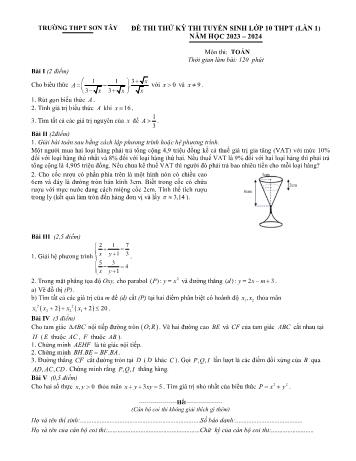 Đề thi thử tuyển sinh vào Lớp 10 THPT lần 1 môn Toán - Năm học 2023-2024 - Trường THPT Sơn Tây (Có đáp án)