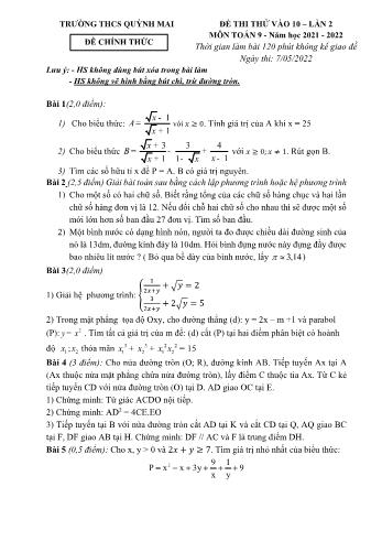 Đề thi thử tuyển sinh vào Lớp 10 THPT lần 2 môn Toán - Năm học 2021-2022 - Trường THCS Quỳnh Mai (Có đáp án)