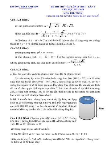 Đề thi thử tuyển sinh vào Lớp 10 THPT lần 2 môn Toán - Năm học 2023-2024 - Trường THCS Anh Sơn (Có đáp án)