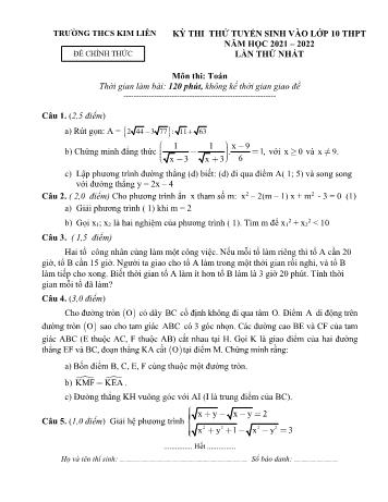 Đề thi thử tuyển sinh vào Lớp 10 THPT lần thứ nhất môn Toán - Năm học 2021-2022 - Trường THCS Kim Liên (Có đáp án)
