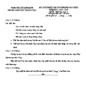 Đề thi thử tuyển sinh vào Lớp 10 THPT môn Ngữ văn - Năm học 2019-2020 - Phòng GD và ĐT Kinh Môn (Có đáp án)