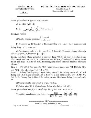 Đề thi thử tuyển sinh vào Lớp 10 THPT môn Toán - Đề 01 - Năm học 2023-2024 - Trường THCS Nguyễn Hữu Thái (Có đáp án)