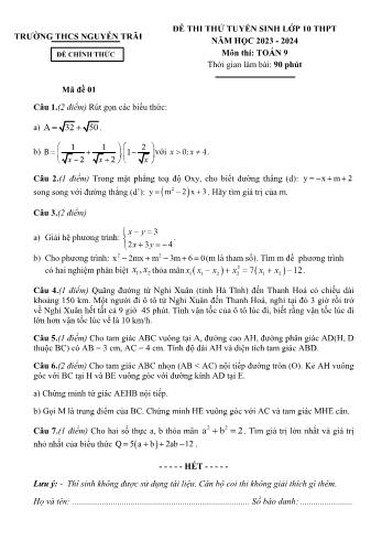 Đề thi thử tuyển sinh vào Lớp 10 THPT môn Toán - Mã đề 01 - Năm học 2023-2024 - Trường THCS Nguyễn Trãi (Có đáp án)