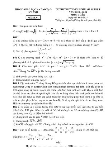Đề thi thử tuyển sinh vào Lớp 10 THPT môn Toán - Mã đề 01 - Năm học 2023-2024 - Phòng Giáo dục và Đào tạo Kỳ Anh (Có đáp án)