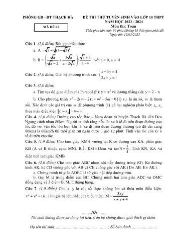 Đề thi thử tuyển sinh vào Lớp 10 THPT môn Toán - Mã đề 01 - Năm học 2023-2024 - Phòng Giáo dục và Đào tạo Thạch Hà (Có đáp án)