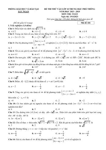 Đề thi thử tuyển sinh vào Lớp 10 THPT môn Toán - Mã đề 101 - Năm học 2023-2024 - Phòng Giáo dục và Đào tạo Lục Ngạn (Có đáp án)