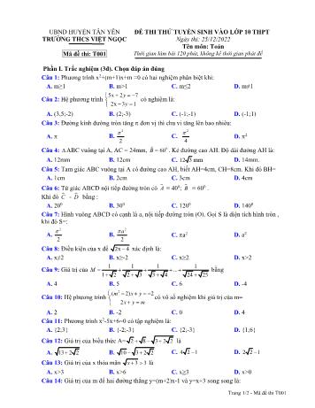Đề thi thử tuyển sinh vào Lớp 10 THPT môn Toán - Mã đề T001 - Năm học 2022-2023 - Trường THCS Việt Ngọc