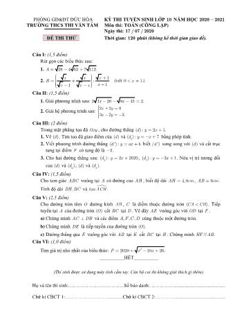 Đề thi thử tuyển sinh vào Lớp 10 THPT môn Toán - Năm học 2020-2021 - Trường THCS Thi Văn Tám (Có đáp án)