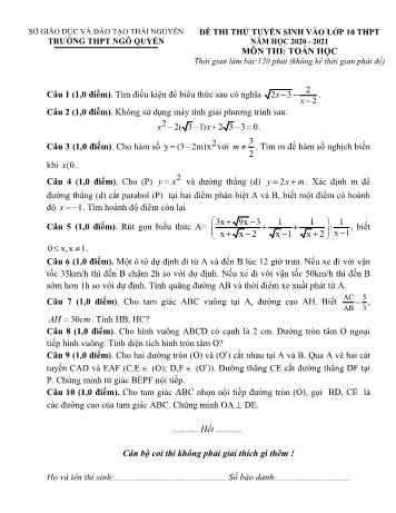 Đề thi thử tuyển sinh vào Lớp 10 THPT môn Toán - Năm học 2020-2021 - Trường THPT Ngô Quyền (Có đáp án)