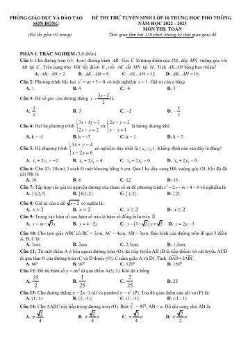 Đề thi thử tuyển sinh vào Lớp 10 THPT môn Toán - Năm học 2022-2023 - Phòng Giáo dục và Đào tạo Sơn Động (Có đáp án)