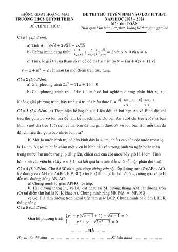 Đề thi thử tuyển sinh vào Lớp 10 THPT môn Toán - Năm học 2023-2024 - Trường THCS Quỳnh Thiện (Có đáp án)